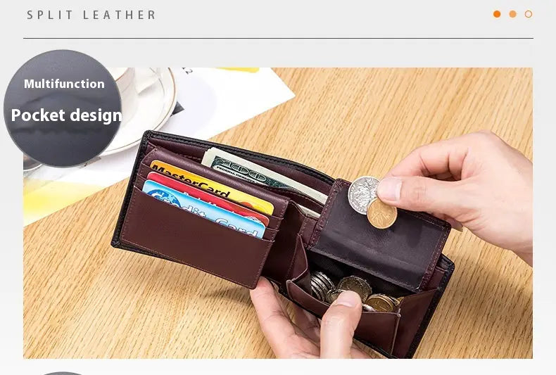 Men’s genuine leather bifold wallet in brown split leather with multiple card slots and a coin compartment.