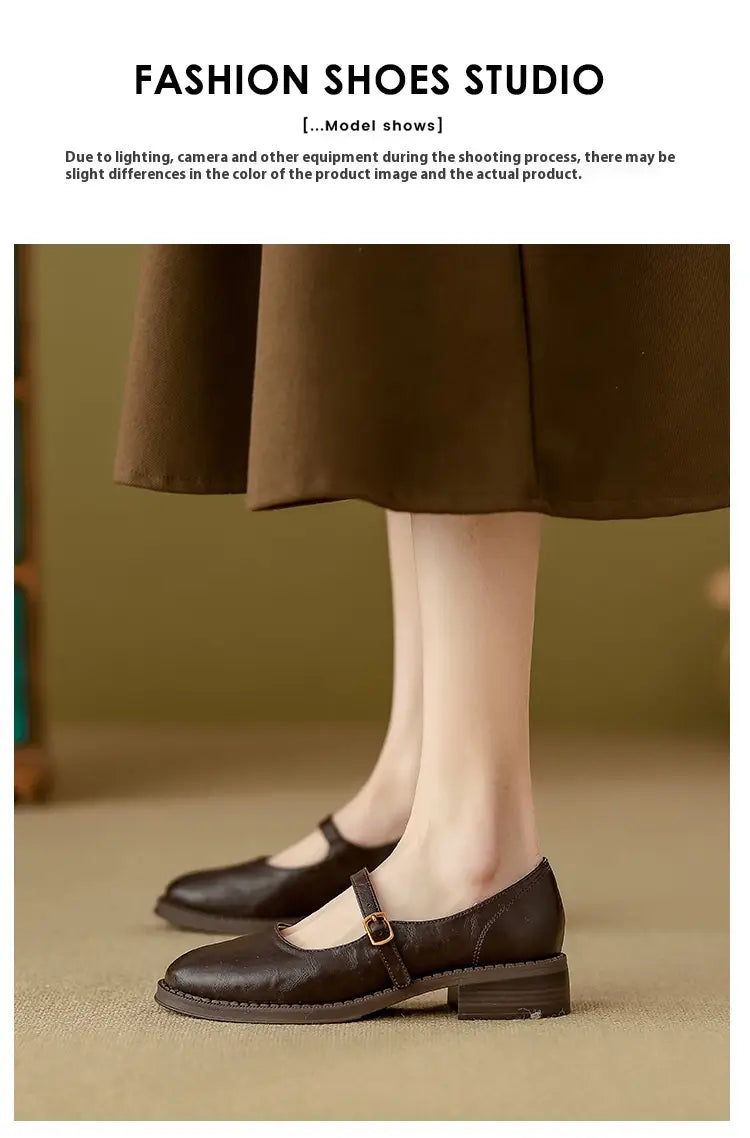 Black leather Mary Jane shoes with a block heel and a single buckle strap across the instep in dark brown leather.