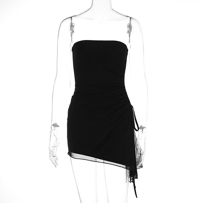 Black strapless Y2k mini dress with a fitted ruched bodice, asymmetrical hemline, and sheer fabric accents.