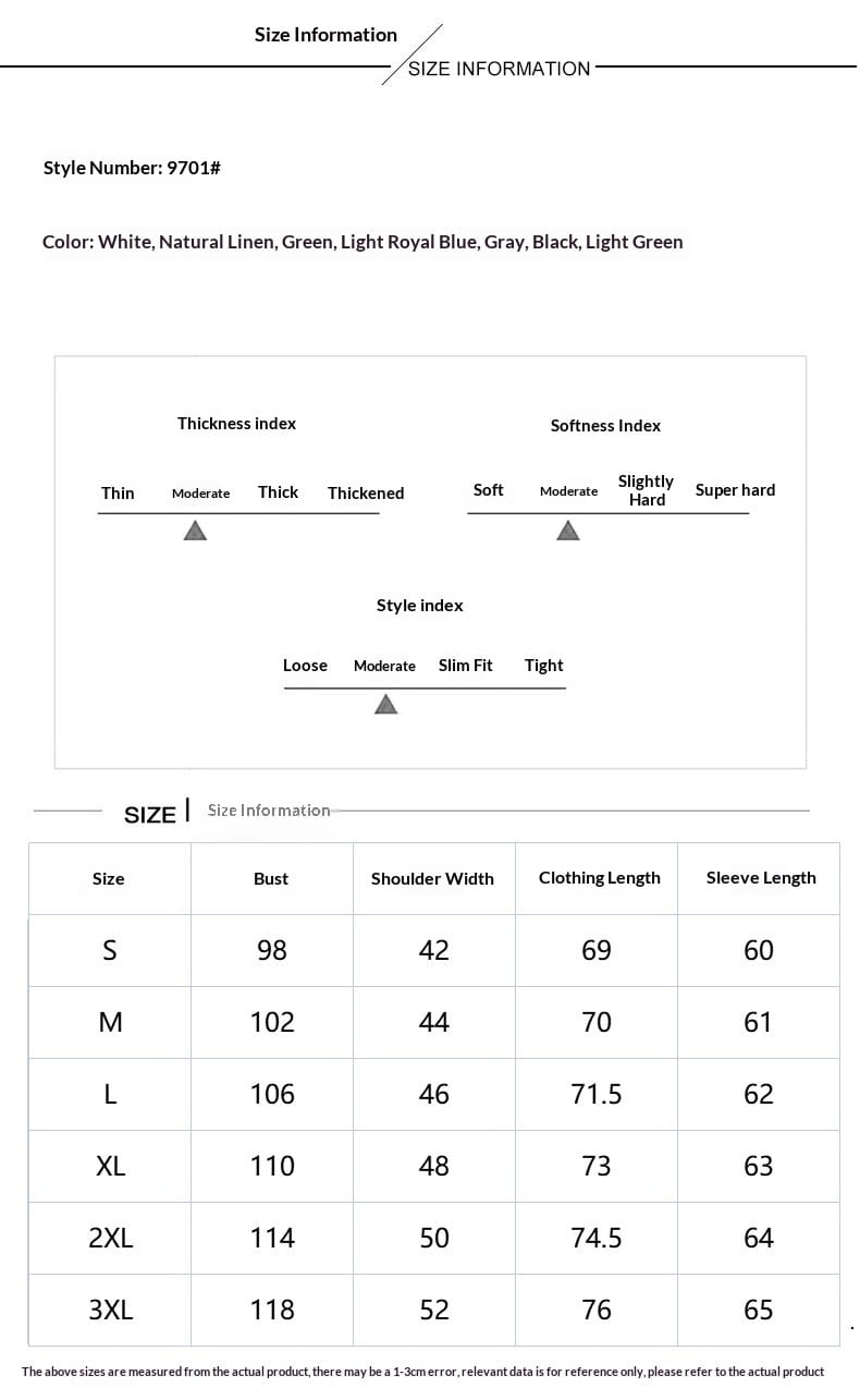 Chemise de protection solaire en lin pour homme en tissu lin naturel blanc, présentée avec un tableau d’informations sur la taille.
