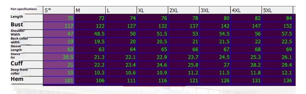 Purple table displaying a size chart in centimeters for men’s cable knit half zip sweater with leather accents ranging from size s to 5xl.