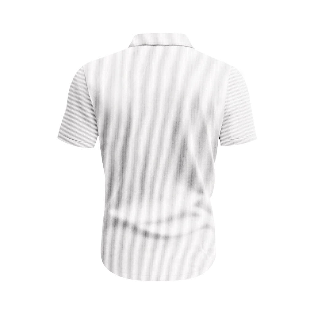 white short-sleeved loose corduroy workwear shirt with fine vertical pinstripes shown from the back side