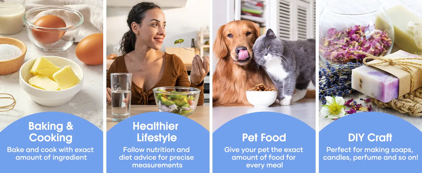 The digital kitchen scale 15kg rechargeable food scale displays four product categories including baking and cooking, healthier lifestyle, pet food, and diy craft.