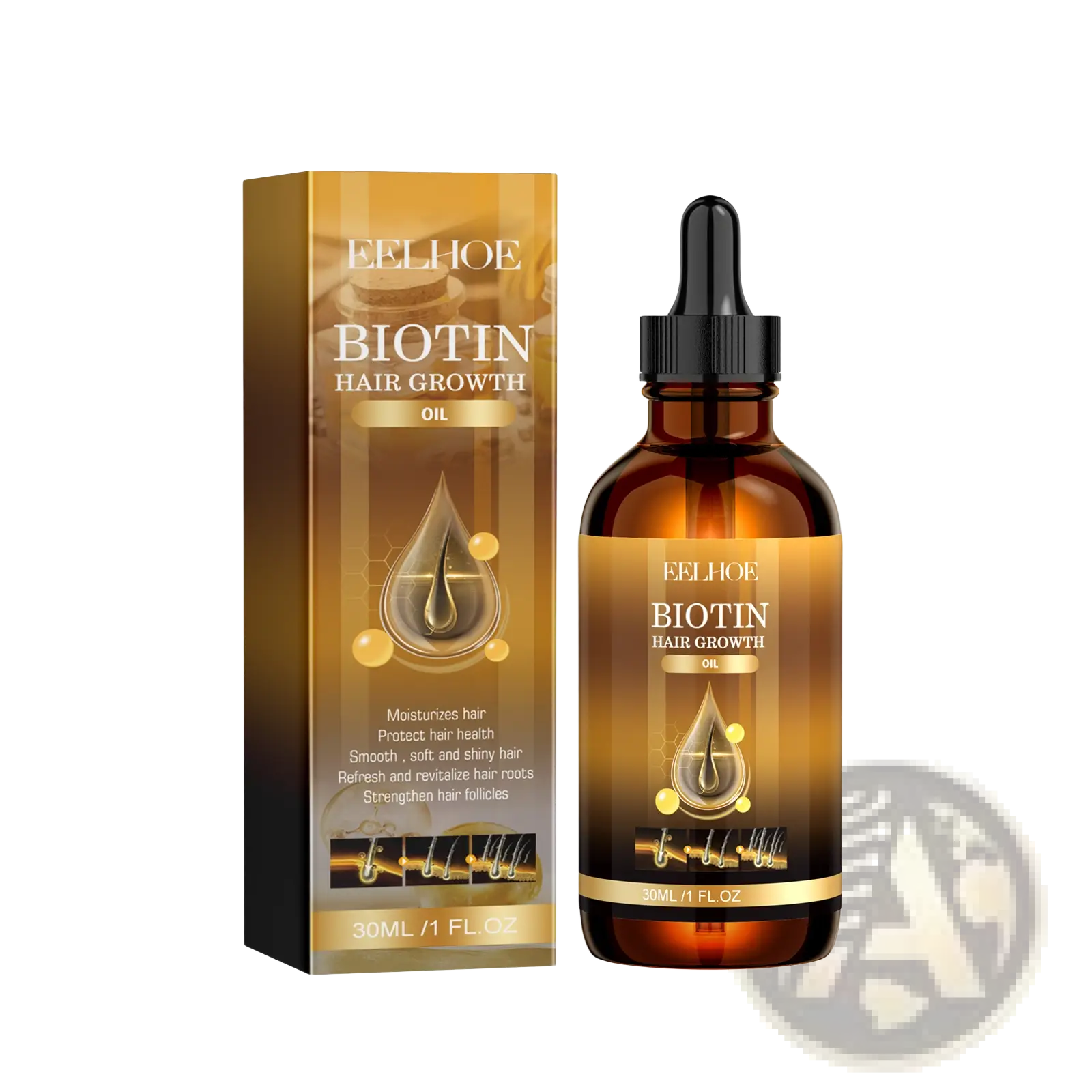 Eelhoe biotin hair growth oil in 30ml amber glass bottle with black dropper and gold-toned rosemary castor oil box