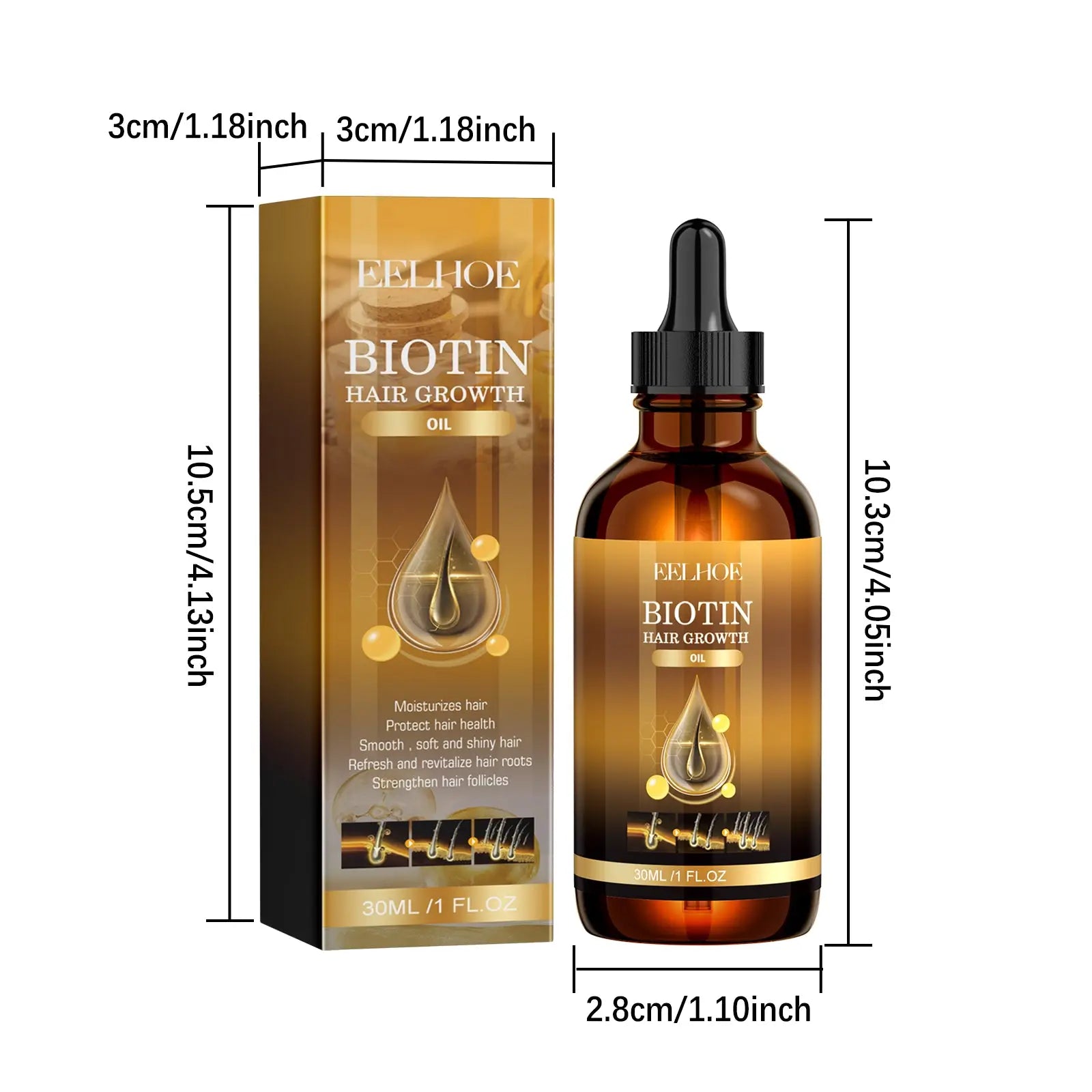 Eelhoe biotin hair growth oil in a dark amber glass bottle with black dropper cap and elegant gold black box