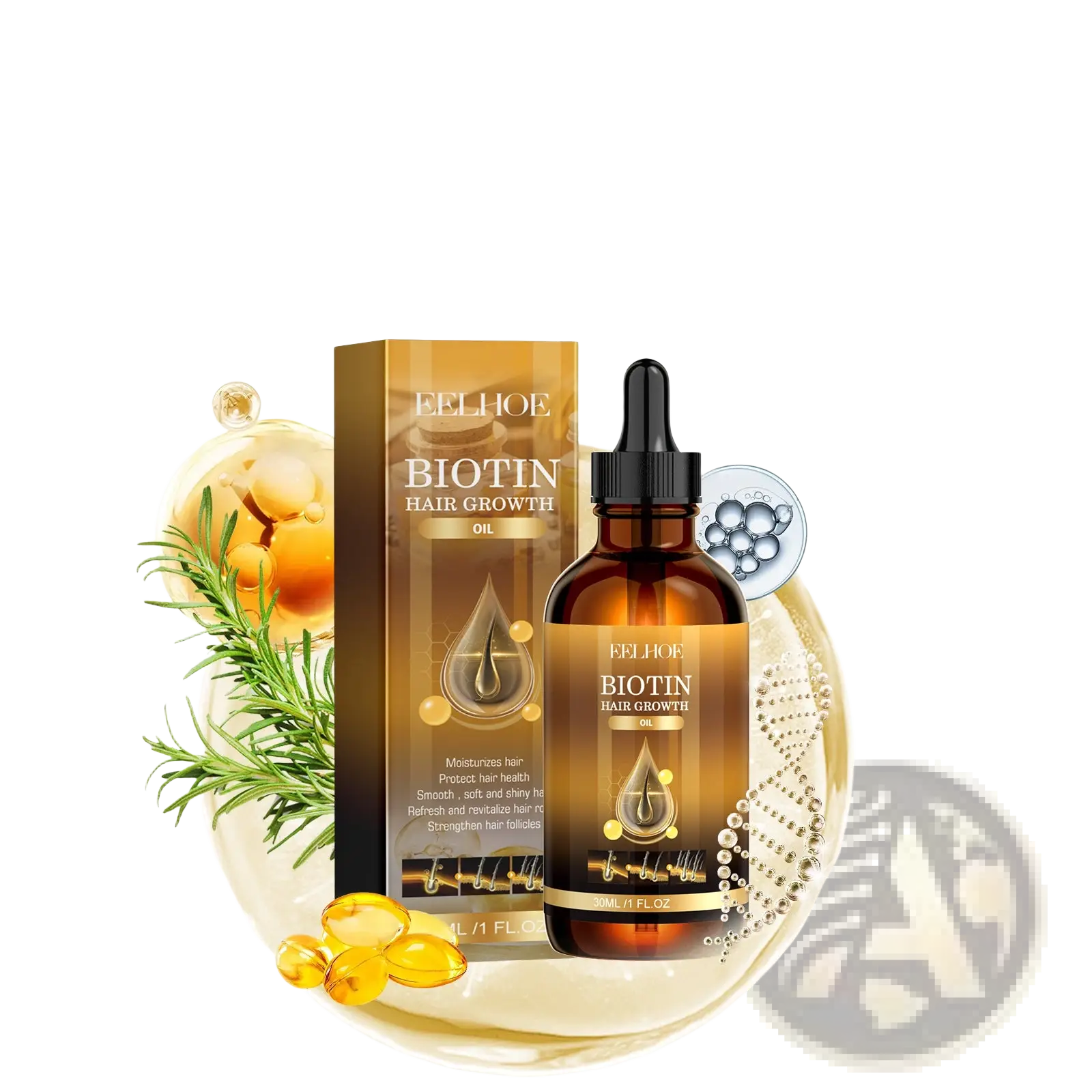 Brown glass bottle with black dropper cap and gold label of feelhoe biotin hair growth oil with rosemary and castor oil
