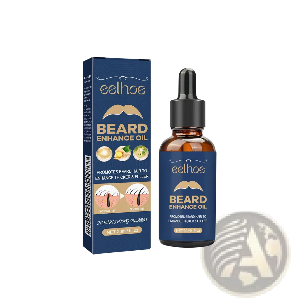Eelhoe ginger root strengthening beard growth oil in a dark amber glass bottle with black dropper and navy blue packaging