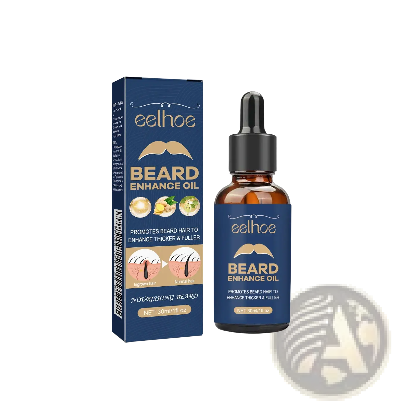 Eelhoe ginger root strengthening beard growth oil in a dark amber glass bottle with black dropper and navy blue packaging