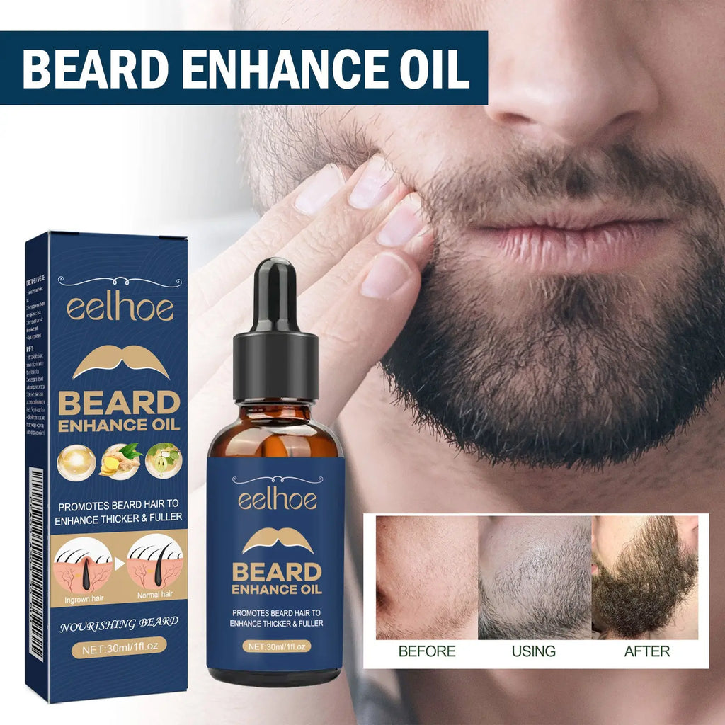 The eelhoe ginger root strengthening beard growth oil in a dark amber glass bottle with black dropper and navy blue box