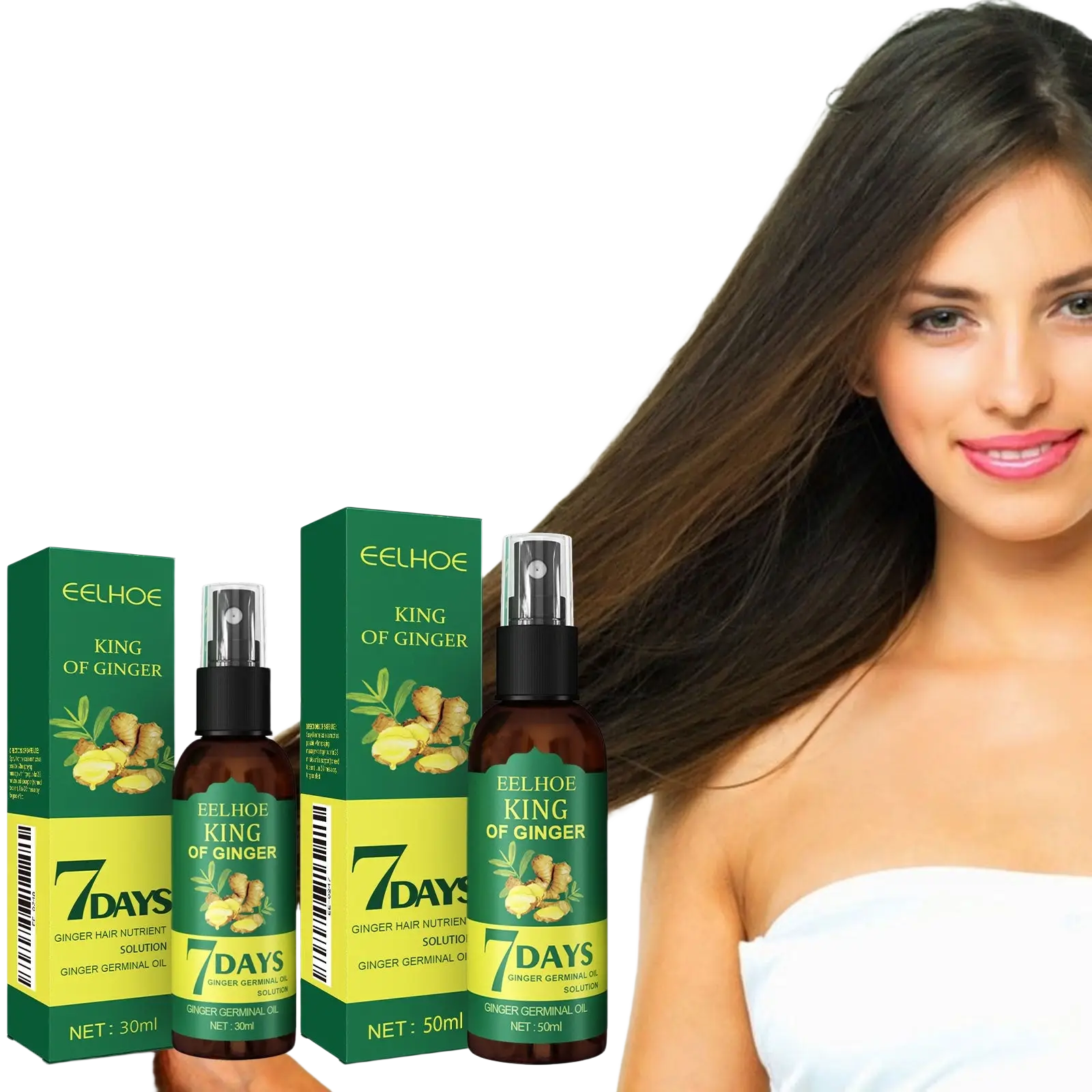 Eelhoe king of ginger hair growth spray 30ml in amber glass bottle with black cap and green yellow packaging