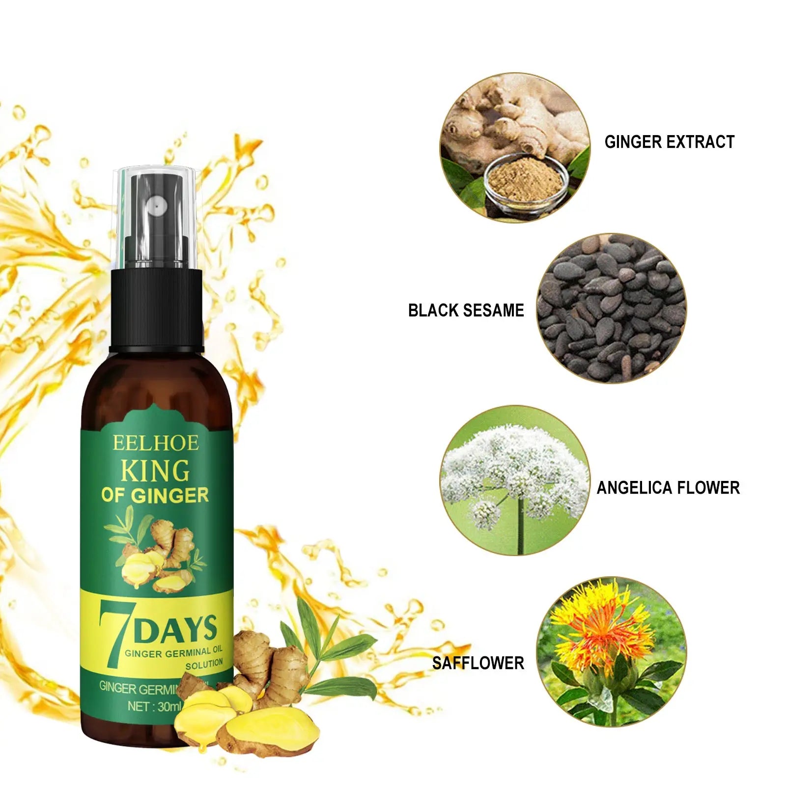 A dark amber glass bottle with black spray nozzle labeled eelhoe king of ginger hair growth spray 30ml strengthening oil