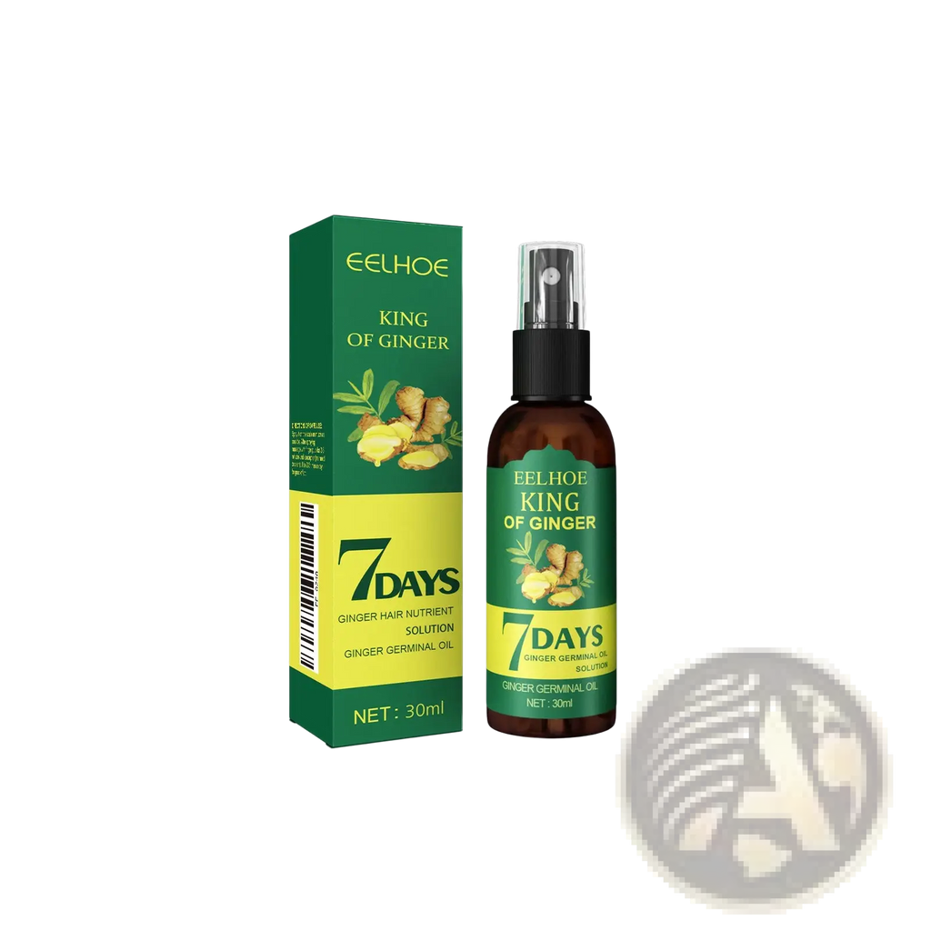 Eelhoe king of ginger hair growth spray 30ml strengthening oil in dark amber spray bottle with green and yellow label and box