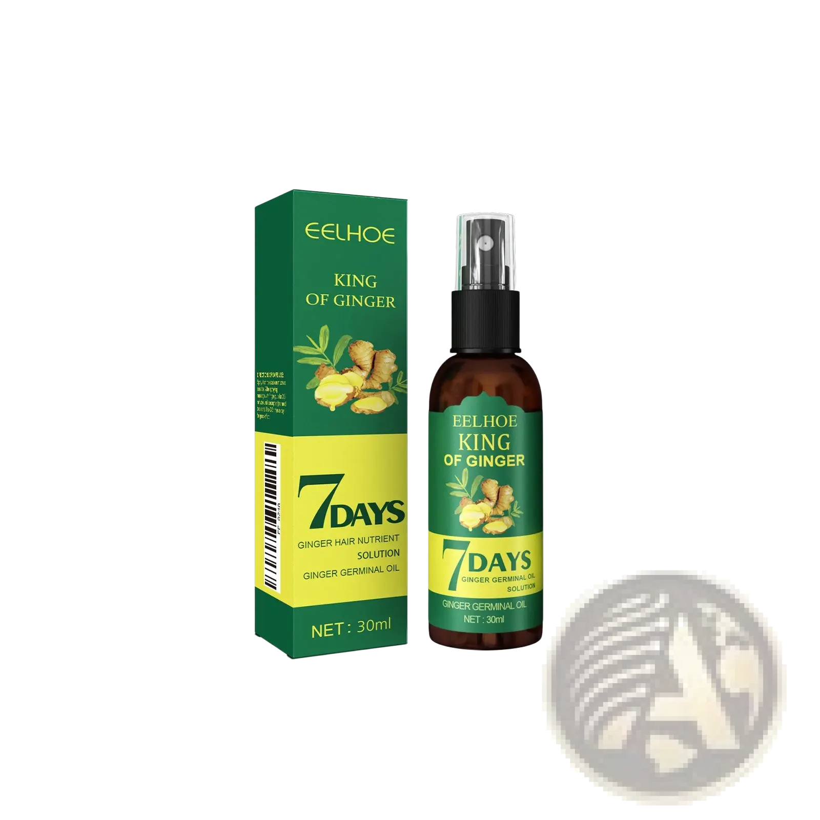 Eelhoe king of ginger hair growth spray 30ml strengthening oil in dark amber spray bottle with green and yellow label and box