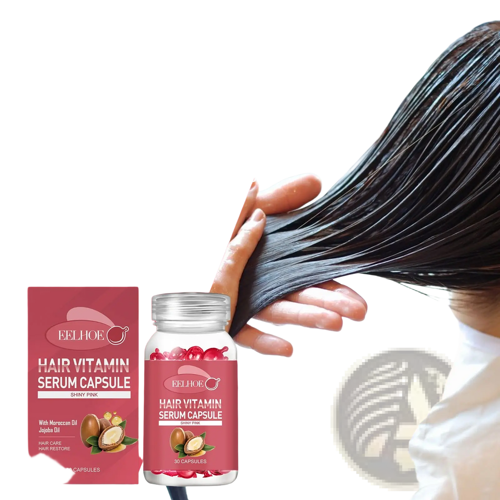 A bottle of eelhoe moroccan oil hair repair capsules for frizz control in shiny pink glass with a silver cap
