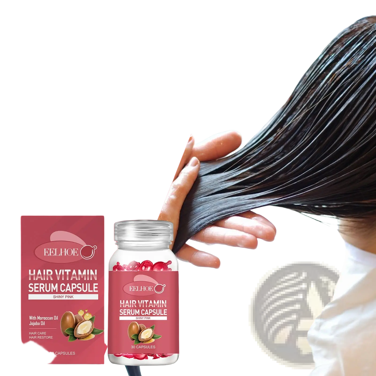 A bottle of eelhoe moroccan oil hair repair capsules for frizz control in shiny pink glass with a silver cap