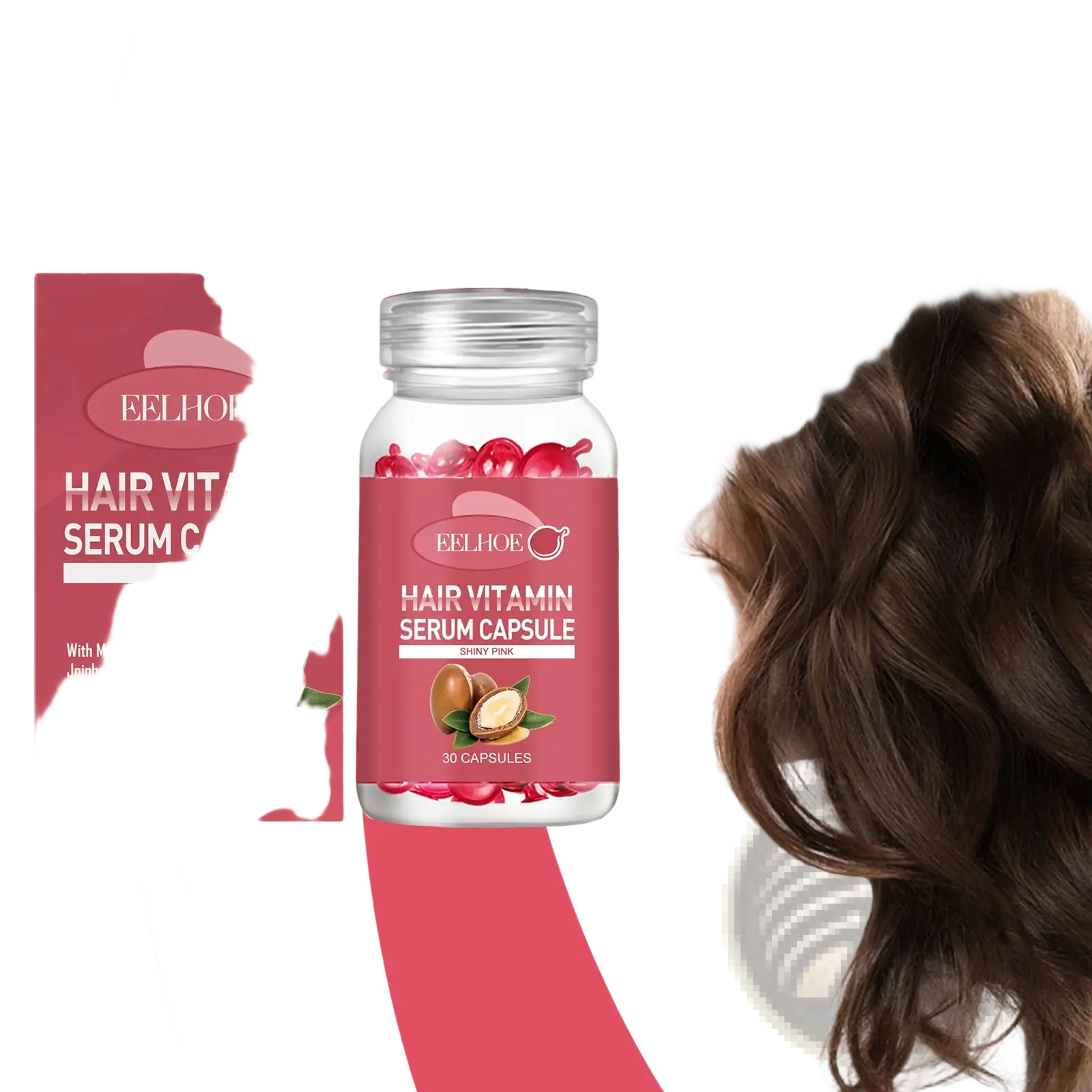 A pink-labeled eelhoe moroccan oil hair repair capsules bottle with a clear glass body and 30 red capsules for frizz control