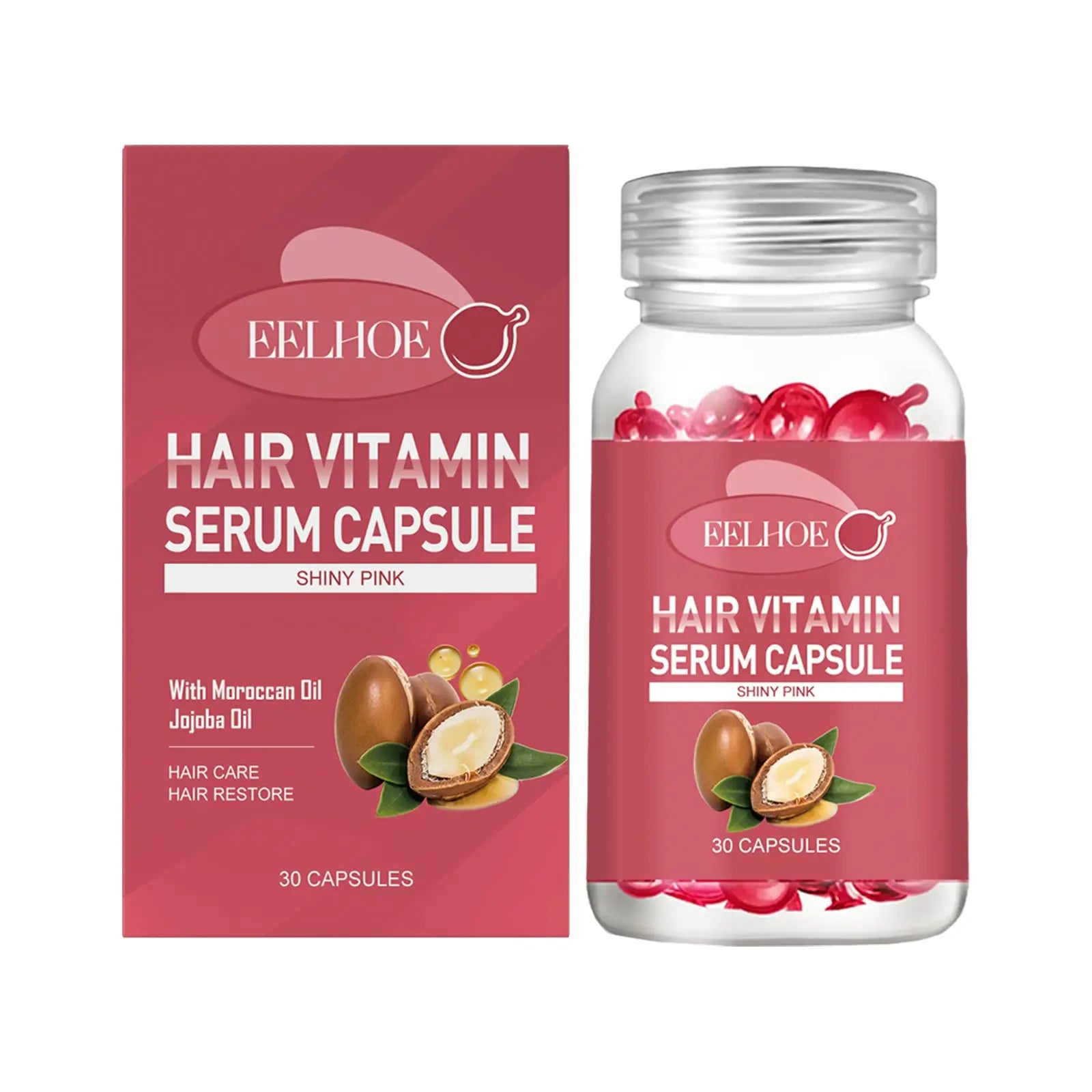 Shiny pink eelhoe moroccan oil hair repair capsules in a clear glass bottle with matching box for frizz control