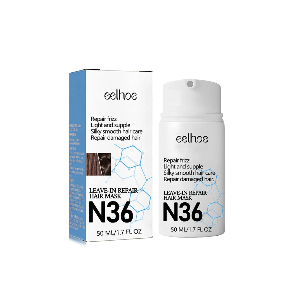 White cylindrical bottle and matching box of Eelhoe N36 molecular leave in hair repair mask with blue molecular design