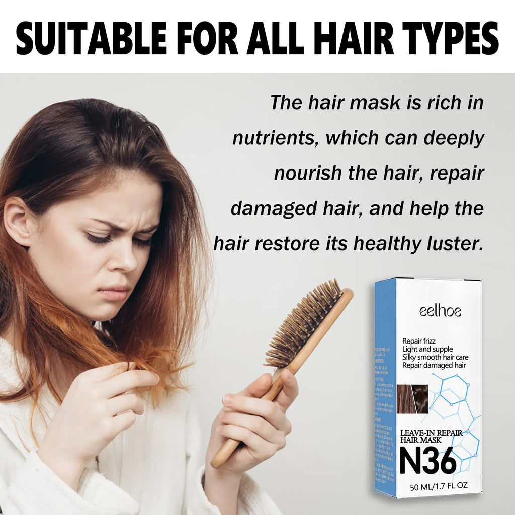 The eelhoe n36 molecular leave in hair repair mask in a sleek blue and white box for deep nourishment and damage repair