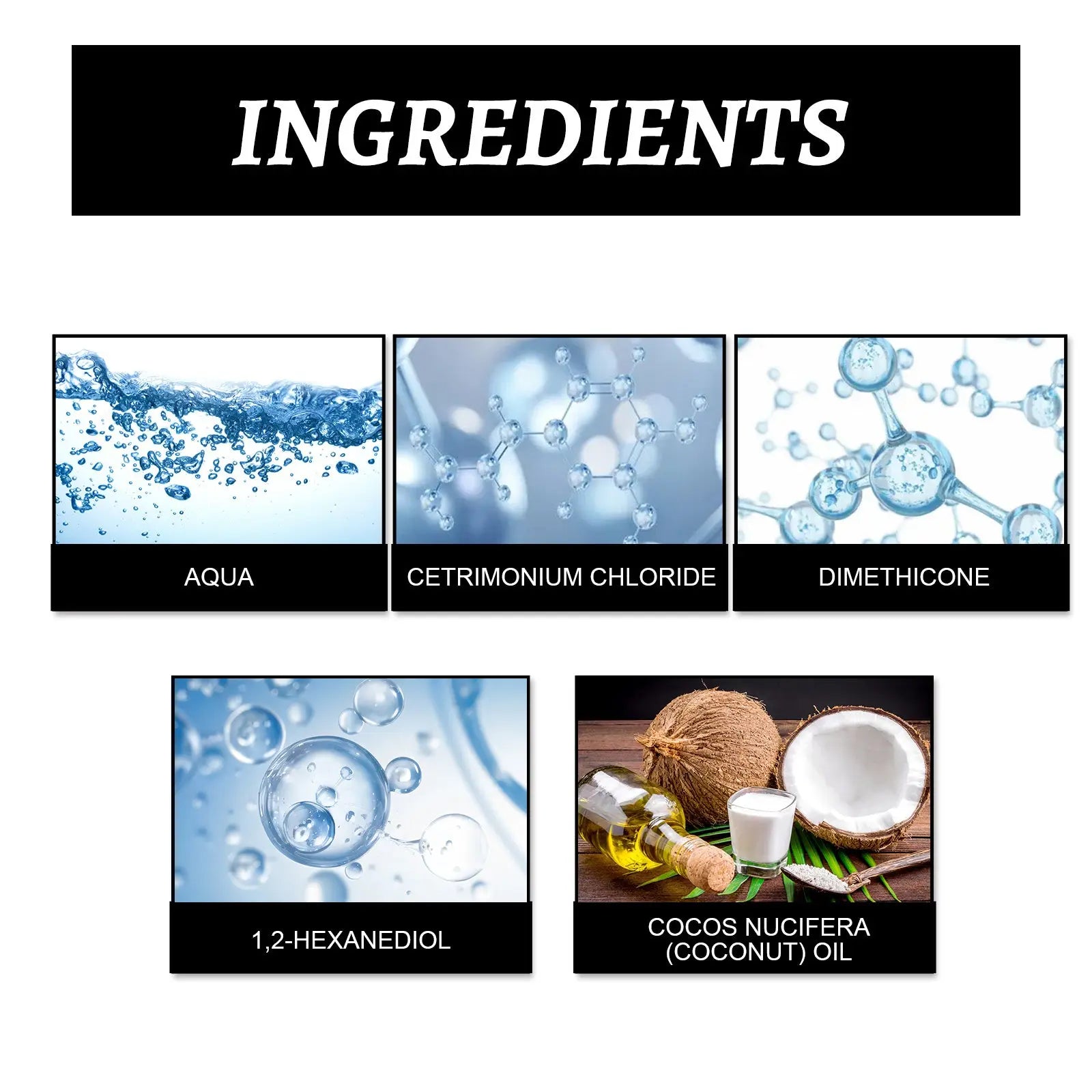 The back side of eelhoe n36 molecular leave in hair repair mask 50ml spray showing ingredients like aqua and coconut oil