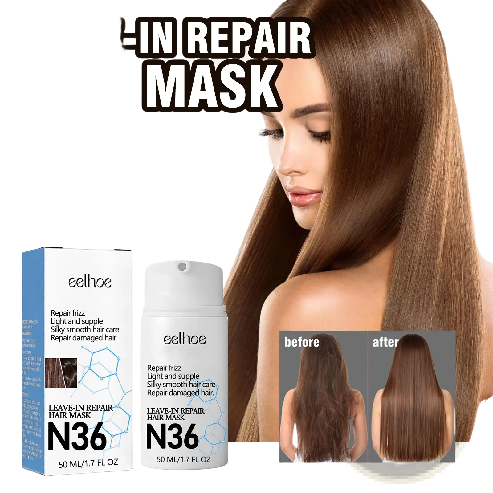 Eelhoe n36 molecular leave in hair repair mask 50ml spray bottle with white blue packaging and molecular design graphics