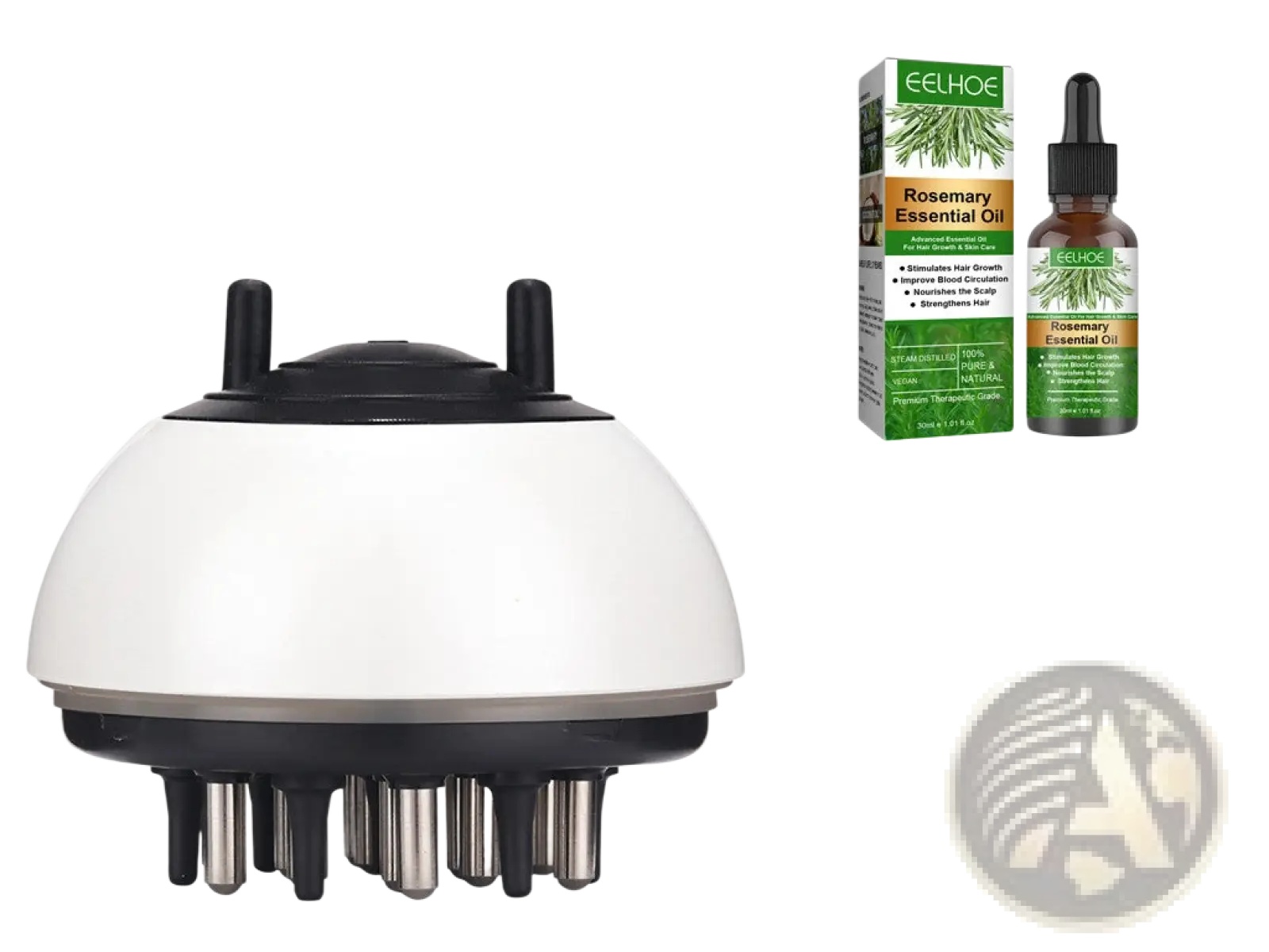 Eelhoe rosemary hair growth oil and dermaroller set featuring a white and black device with metallic pins for scalp use