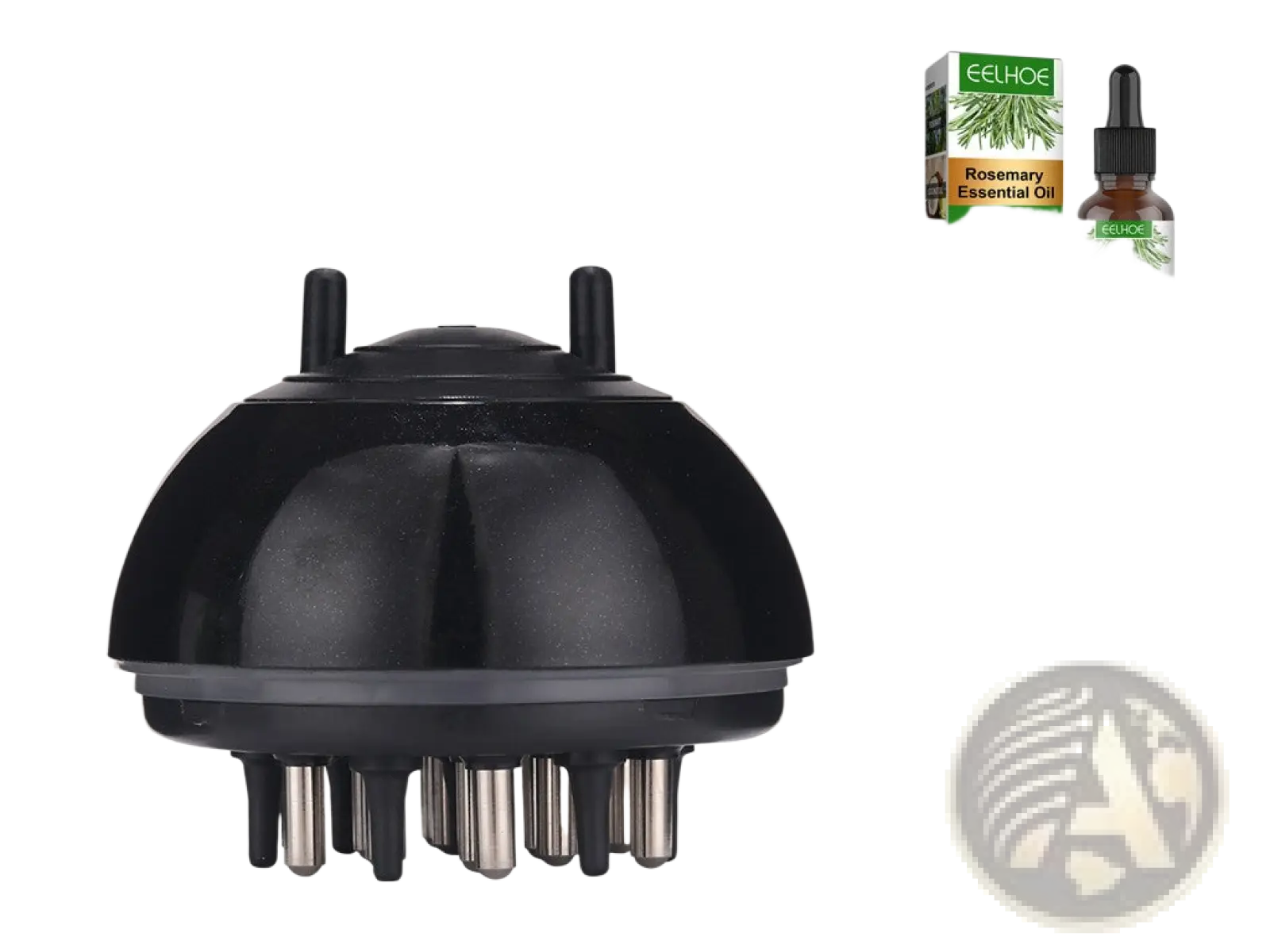 Black plastic hair massager with metallic bristles for scalp stimulation in eelhoe rosemary hair growth oil and dermaroller set