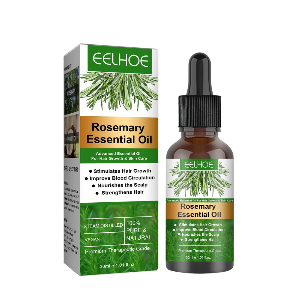 Eelhoe rosemary hair growth oil in dark amber glass bottle with black dropper cap beside green and white packaging