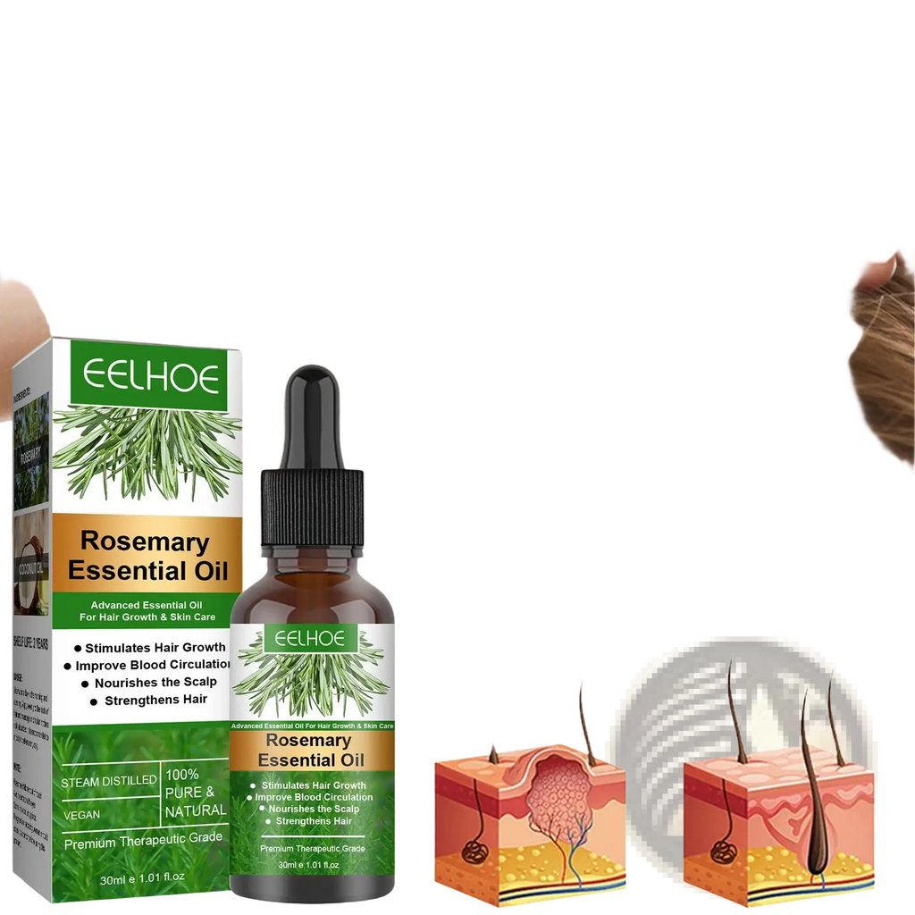 A dark amber glass bottle of Eelhoe rosemary essential oil with a black dropper cap and green rosemary label