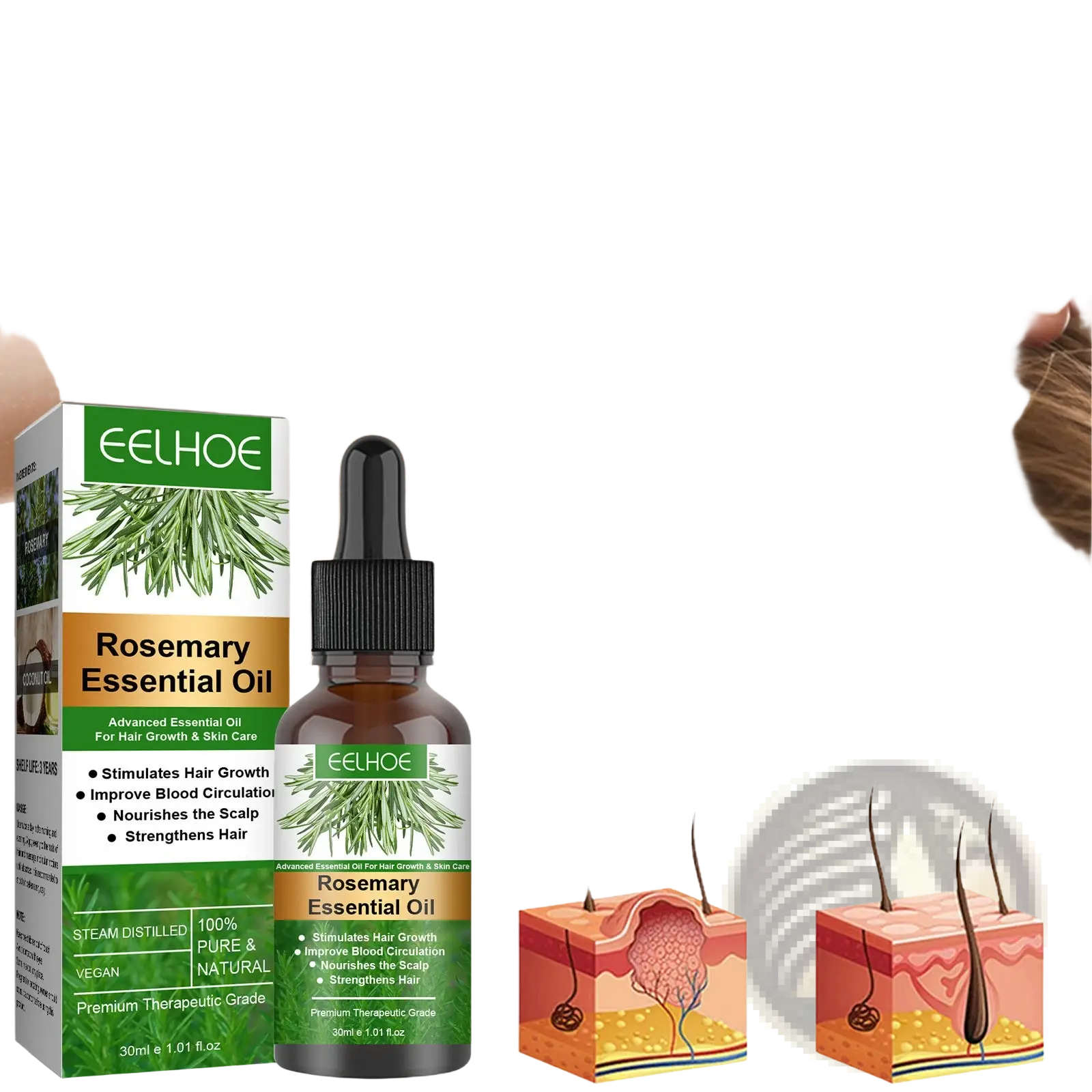 A dark amber glass bottle of Eelhoe rosemary essential oil with a black dropper cap and green rosemary label