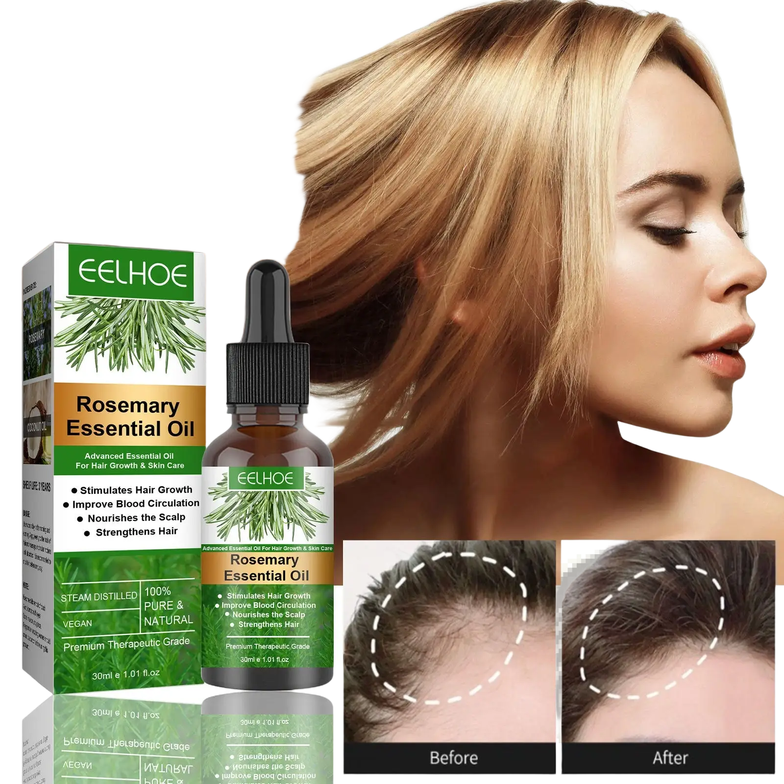 A sleek amber glass bottle of eelhoe rosemary hair growth oil with black dropper cap and green botanical label