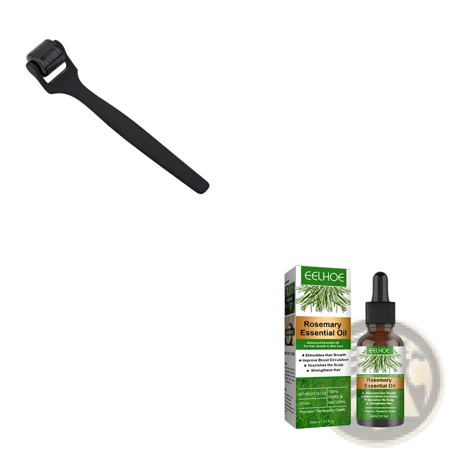 Black 0.5mm dermaroller with smooth handle and rounded roller head in eelhoe rosemary hair growth oil and dermaroller set