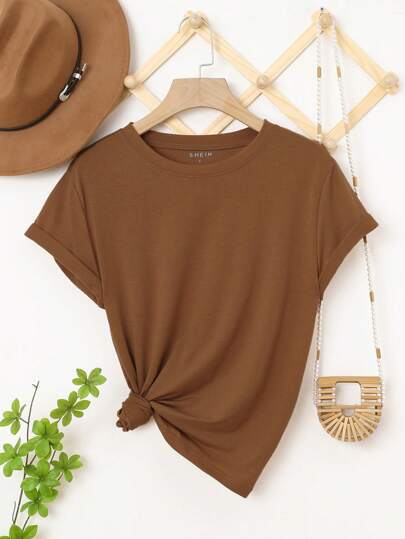 Brown velvet short sleeve casual tee with a knotted front detail designed for comfortable everyday wear