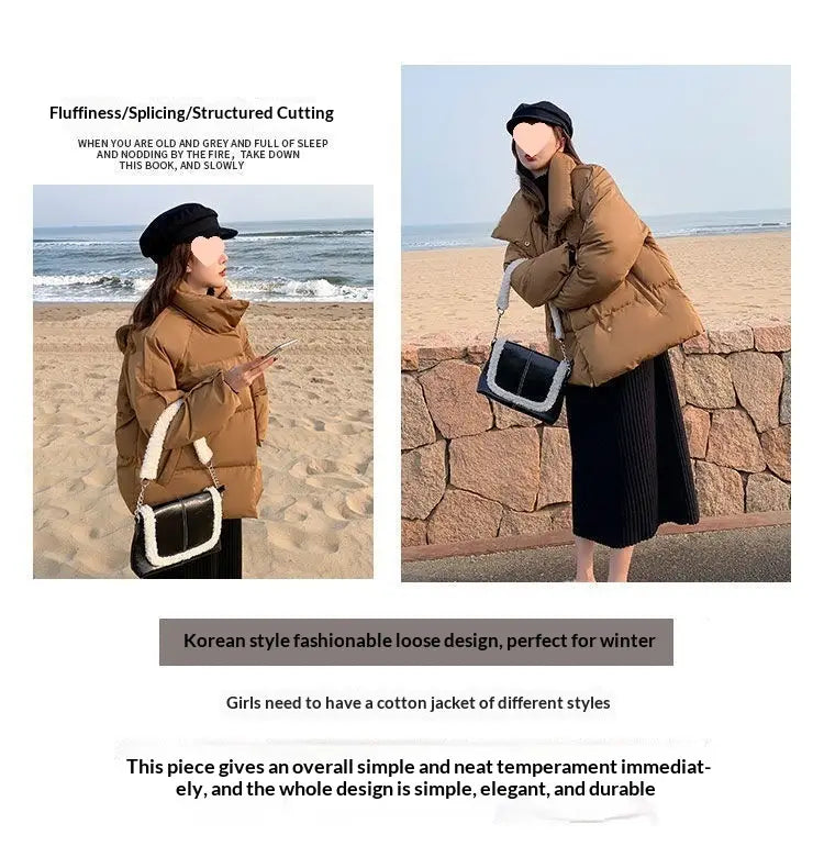 Doudoune coréenne courte pour femmes associée à un sac bandoulière structuré noir et blanc, présentant un design minimaliste.