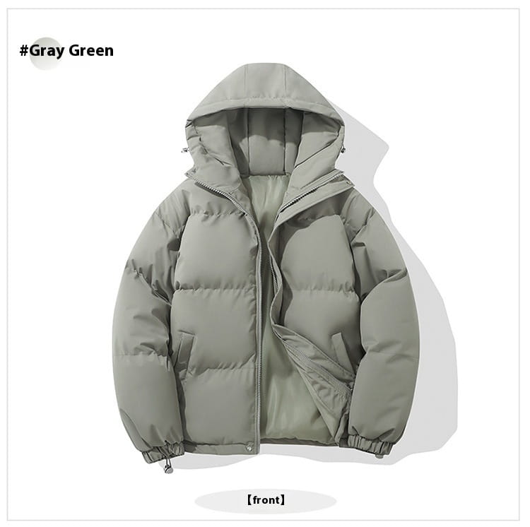 Dunkelgrau-grüne Damen-Kapuzensteppjacke mit wattierter Polsterung mit Stepp-Design und Kapuze für die Nutzung bei kaltem Wetter.