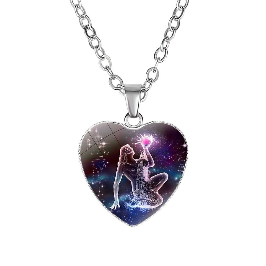 Heart-shaped silver pendant necklace featuring an illustrated mermaid holding a glowing pink orb against a cosmic star and nebula background for the Zodiac Celestial Heart Pendant Galaxy Constellation Necklace.