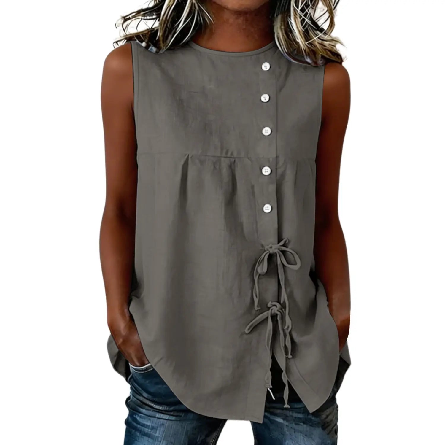 a sleeveless gray button down blouse made of lightweight fabric featuring a tie side detail for a stylish casual look