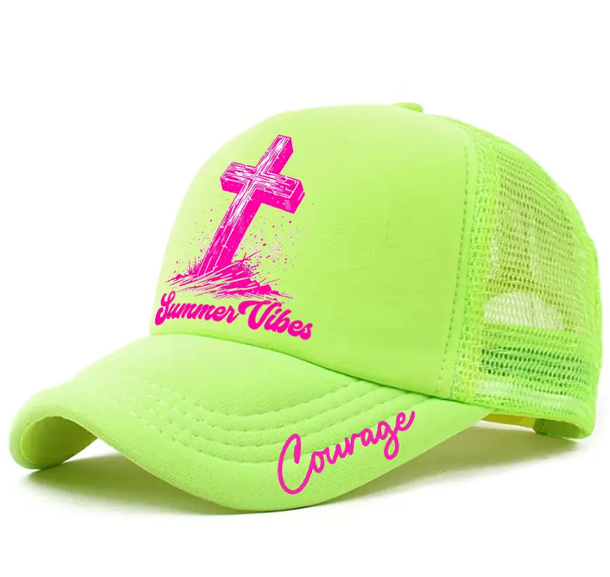 Neon green baseball cap summer vibes pink cross trucker hat featuring a pink cross and summer vibes graphic on the front with courage scripted in pink on the brim.