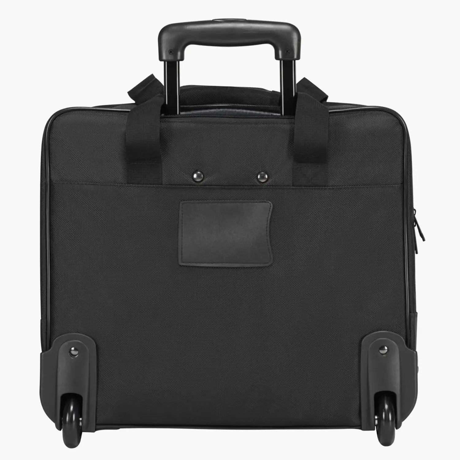 Black wheeled laptop briefcase with retractable handle and textured fabric exterior designed for 15.6 inch laptops.