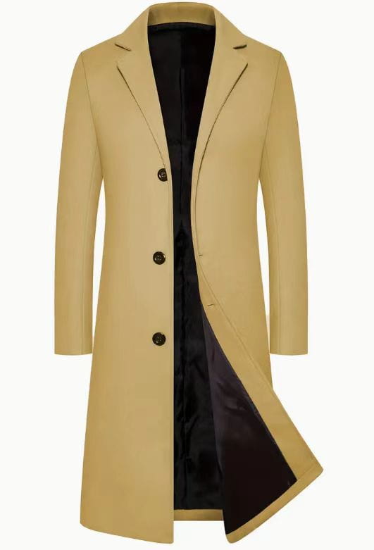 Beige woolen trench coat above the knee featuring black inner lining and dark brown buttons.