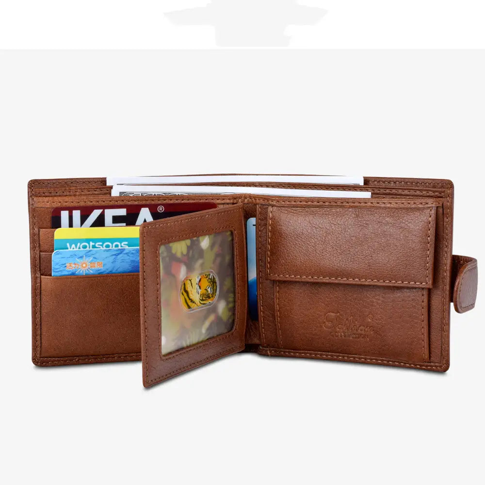 Brown leather cowhide wallet with a clear id window displaying a golden tiger emblem multifunctional bifold clutch.