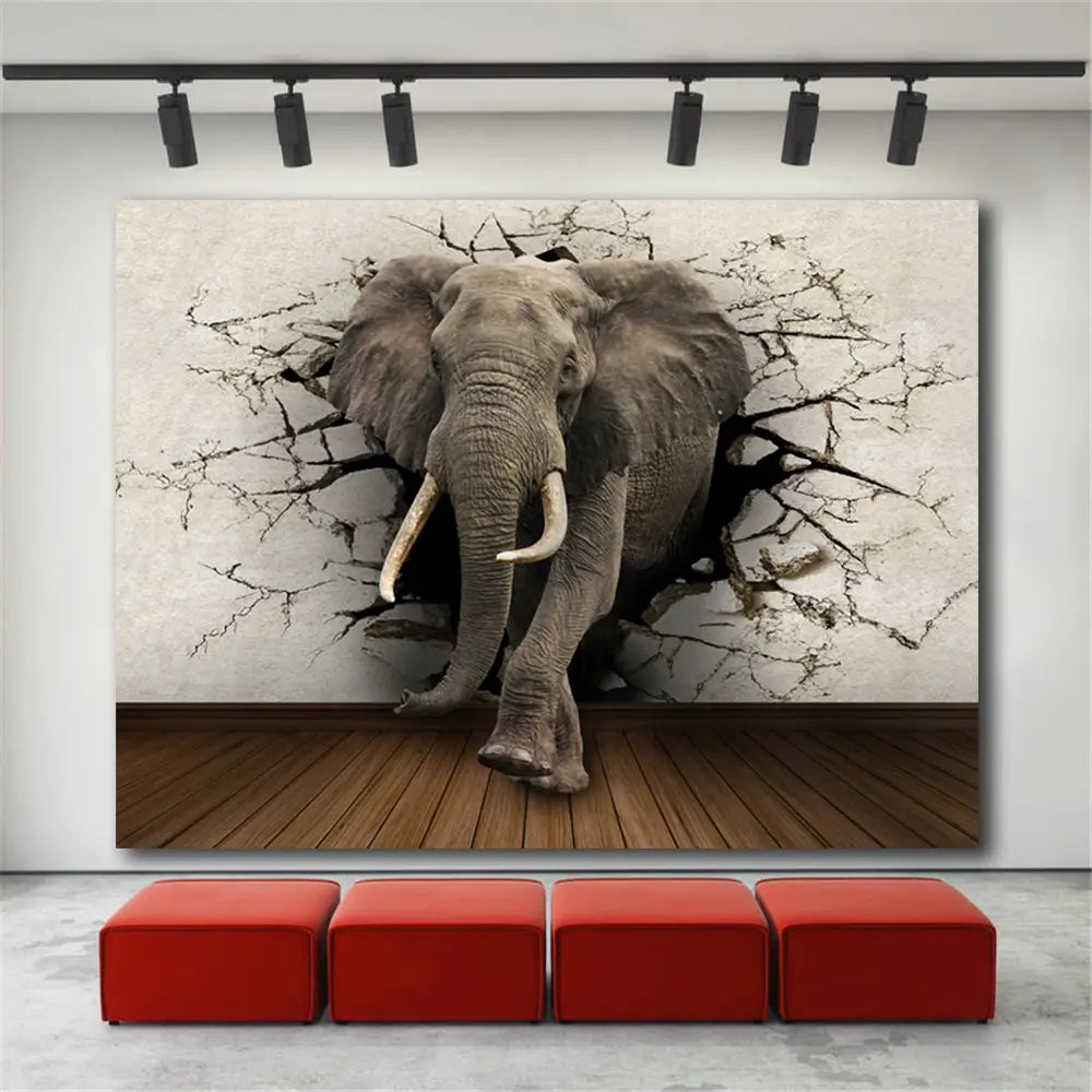 Die Elefant-3D-Leinwand-Wandkunst zeigt einen realistischen grauen Elefanten mit langen Stoßzähnen, der durch eine strukturierte, gerissene Wand für ein eindrucksvolles Heimdekor hindurchbricht.
