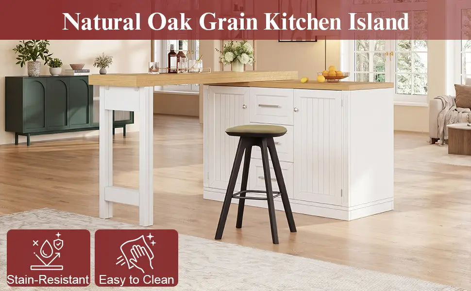 White extendable kitchen island dining table with storage featuring a natural oak grain countertop and vertical panel cabinet doors.