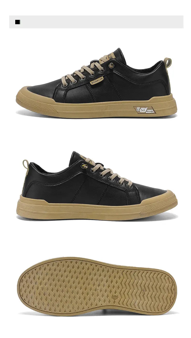 Men’s white minimalist leather casual sneakers in black with low-top design tan rubber soles and laces.