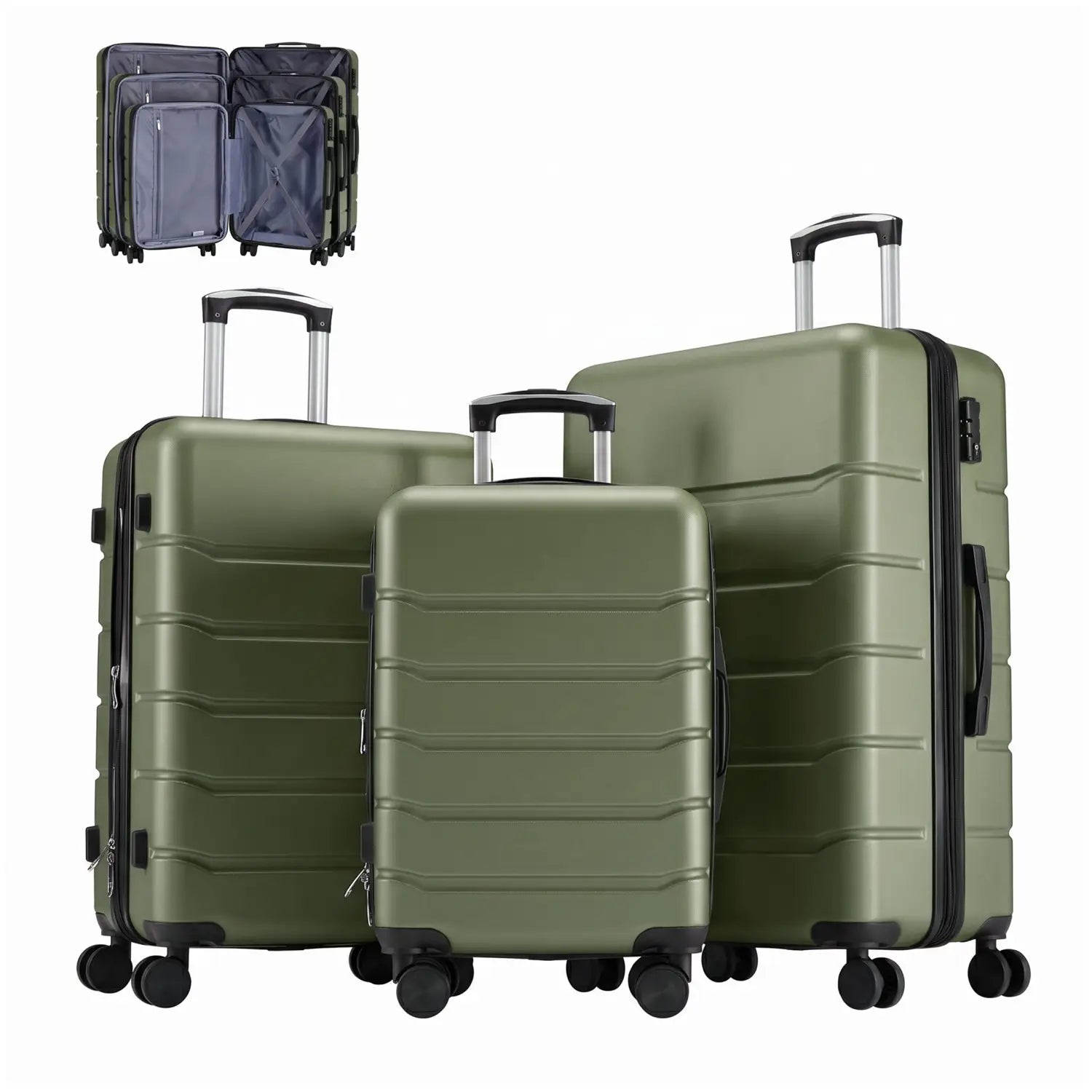 Set of three olive green expandable ABS spinner hard-shell suitcases with black zippers and wheels.