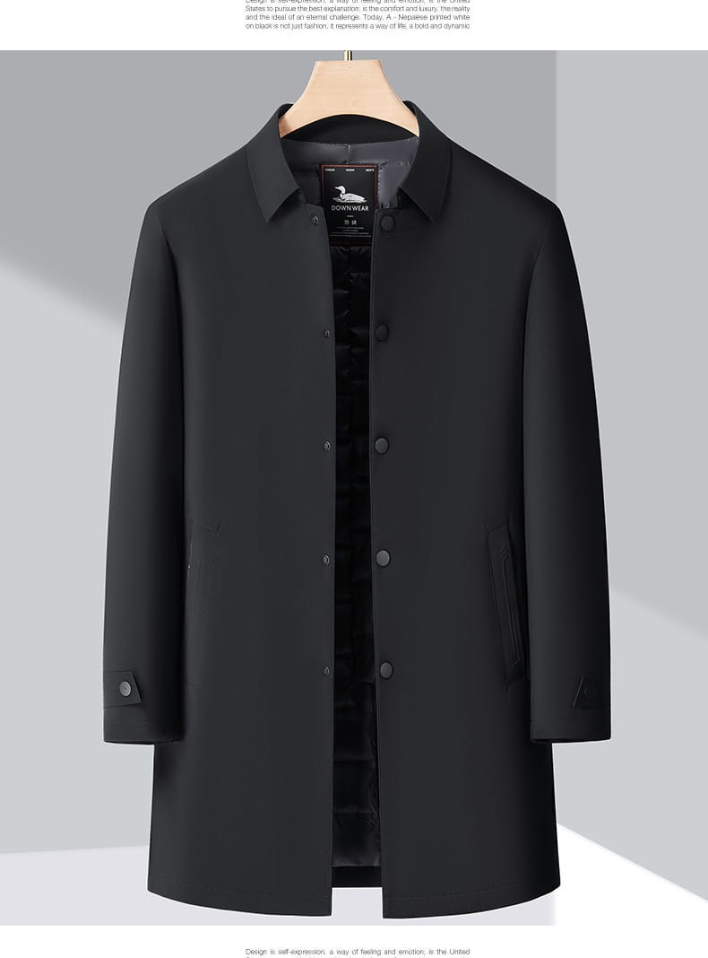 Schwarzer Herren-Winter-Daunenmantel in Navy-Blau, Steppjacke, mit klassischem Kragen und Knopfverschluss sowie schlanker, maßgeschneiderter Passform.