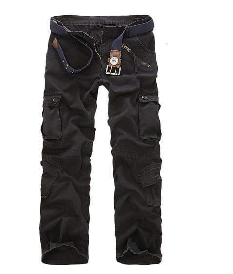 Black camouflage cargo trousers for men with multiple pockets, brown leather buckle accents, and a dark belt looped through the waistband.
