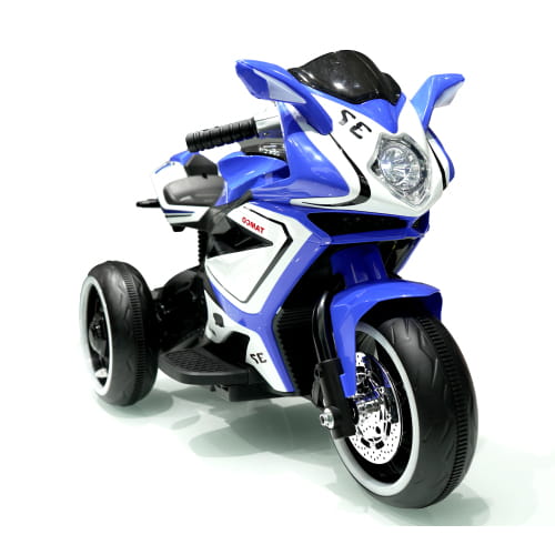 Blue and white 6v kids electric ride on motorcycle with black tires and silver rims for children.