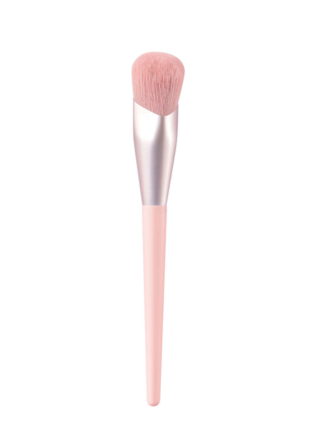 A soft pink finger belly makeup brush with a sleek silver ferrule and matching blush-applying bristles designed as a professional contour tool.