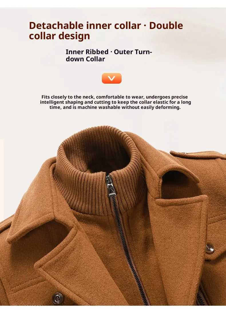 Mens wool overcoat double collar winter jacket in warm brown with a detachable inner ribbed collar and outer turn-down collar made from wool.